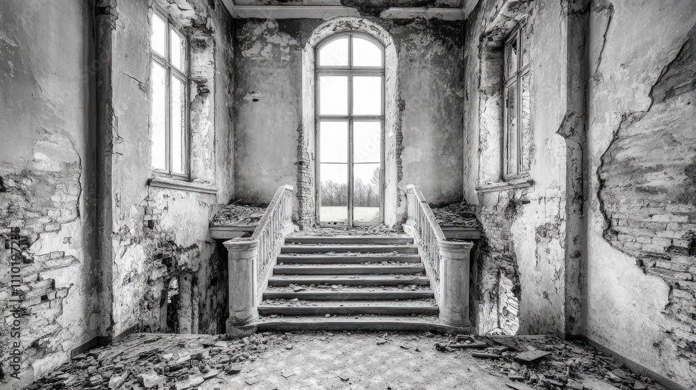 Ruins of an abandoned factory interior highlighting deteriorated architecture and forgotten spaces in black and white atmosphere Ruins of an abandoned factory interior highlighting deteriorated architecture and forgotten spaces in black and white atmosphere