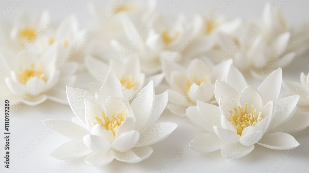 Obraz premium Lotus flowers elegantly arranged on a serene white background showcasing natural beauty and tranquility.