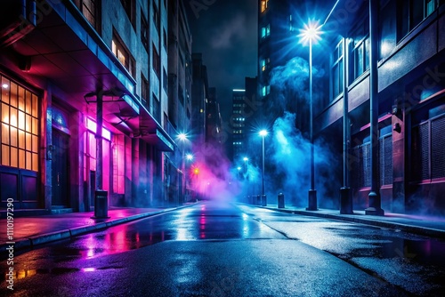 A Mysterious Dark Night in the City: Empty Streets with Neon Lights and Smoke, Capturing the Essence of Urban Isolation and Nighttime Beauty