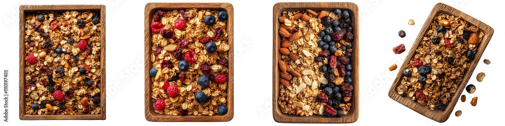 Granola placed on a wooden tray, isolated on a white background. Mix Collection PNG.