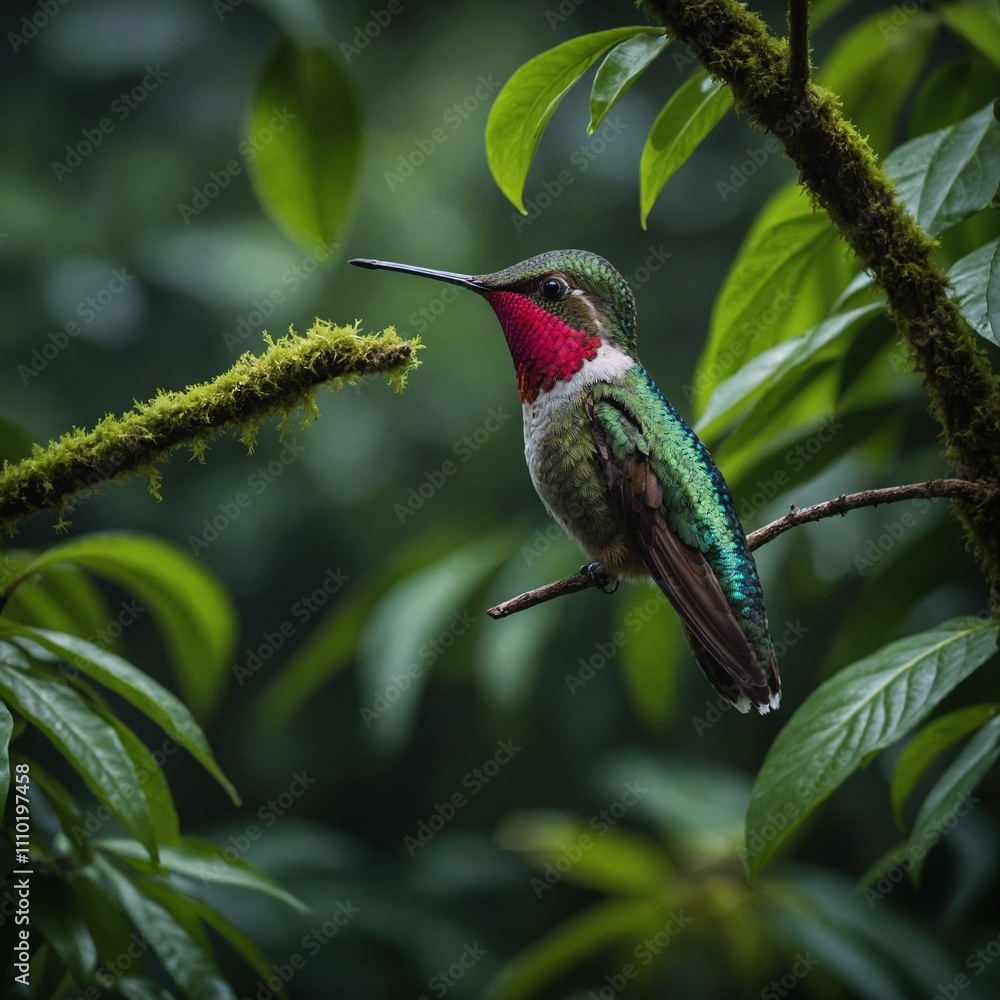 Fototapeta premium A hummingbird perched on a branch surrounded by a lush rainforest canopy.