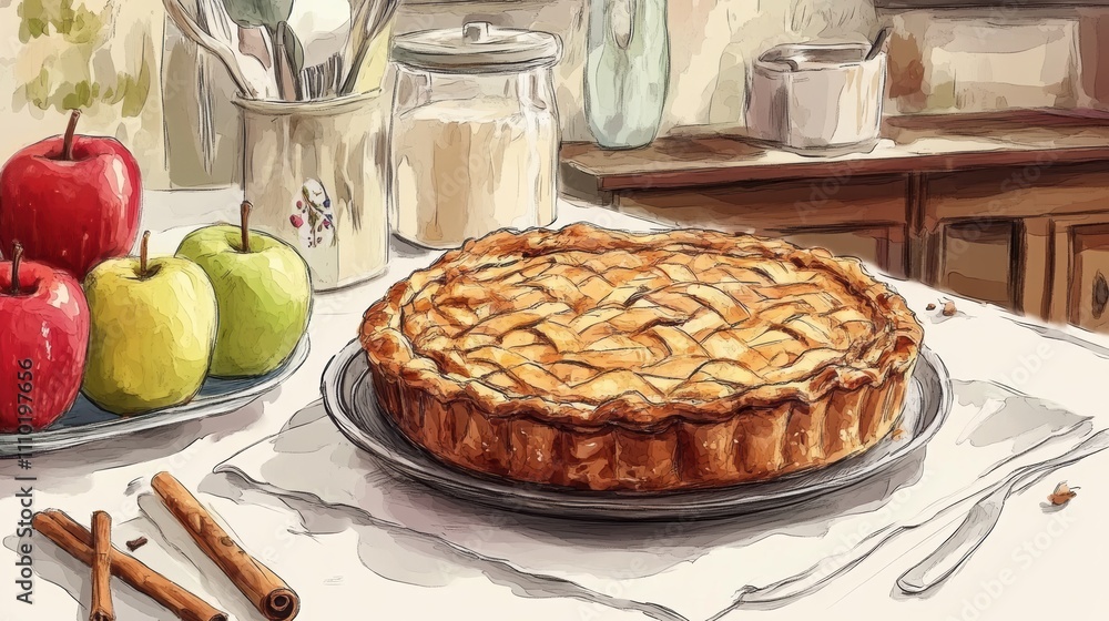 A illustration of rustic kitchen scene with freshly baked apple pie cooling on the counter, with cinnamon sticks and fresh apples nearby A illustration of rustic kitchen scene with freshly baked apple pie cooling on the counter, with cinnamon sticks and fresh apples nearby