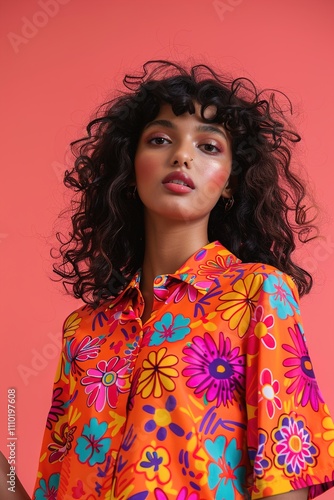 A female model in a casual kurti with a high-low hem and vibrant patterns, against a solid coral pink background, reflecting a playful and trendy everyday style.