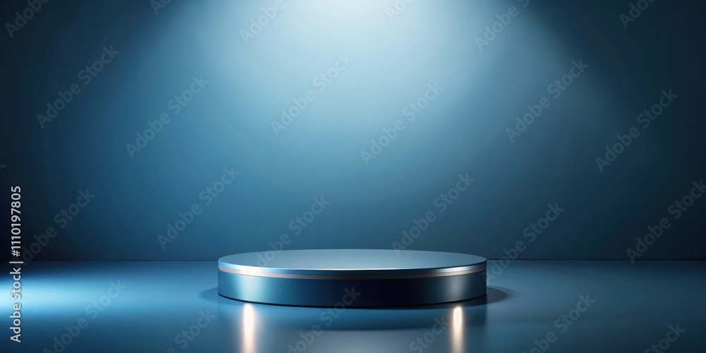 A Single Circular Pedestal on a Smooth, Deep Blue Surface with a Spotlight Highlighting its Center A Single Circular Pedestal on a Smooth, Deep Blue Surface with a Spotlight Highlighting its Center
