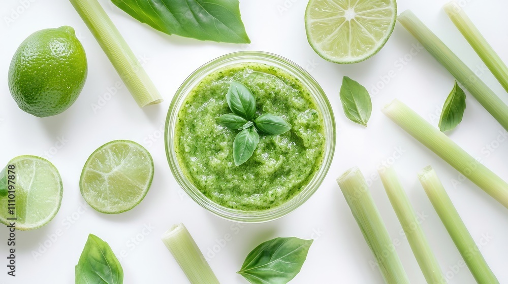 Fresh Green Smoothie with Basil and Lime on a White Background Fresh Green Smoothie with Basil and Lime on a White Background