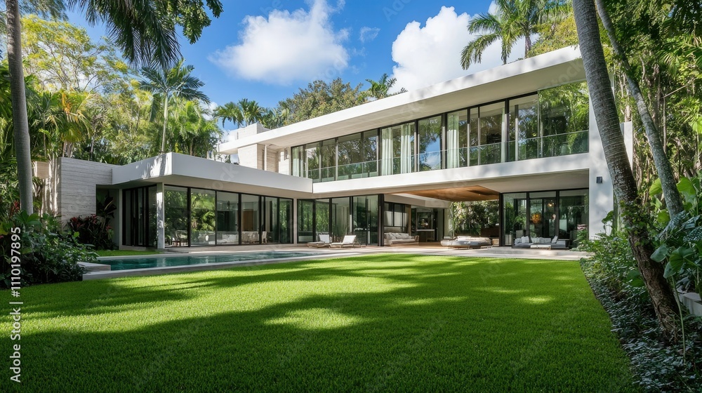 Naklejka premium A modern, spacious L-shaped home featuring a white-gray facade, tall glass windows, and a lush green lawn