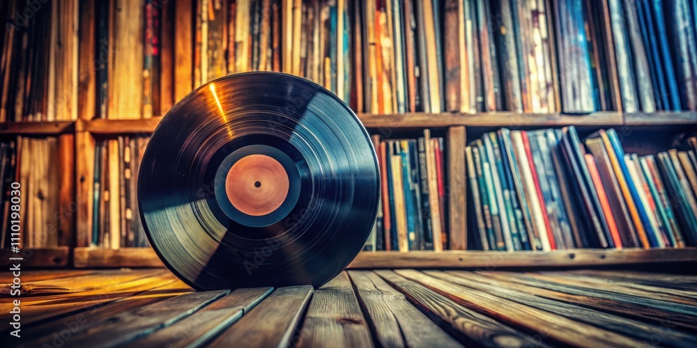 Fototapeta premium A vintage vinyl record sits on a weathered wooden surface in front of a bookshelf filled with books.