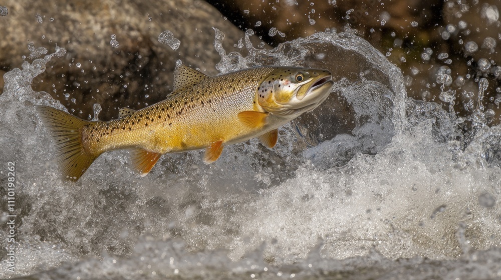 Brown trout leaping from river with splashes creating dynamic scene showcasing nature's beauty and aquatic life in motion Brown trout leaping from river with splashes creating dynamic scene showcasing nature's beauty and aquatic life in motion