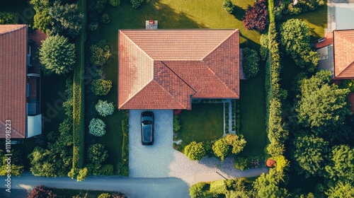 Aerial view of a single-story L-shaped home with a red roof, gravel driveway, and a small garden area in a suburban neighborhood.