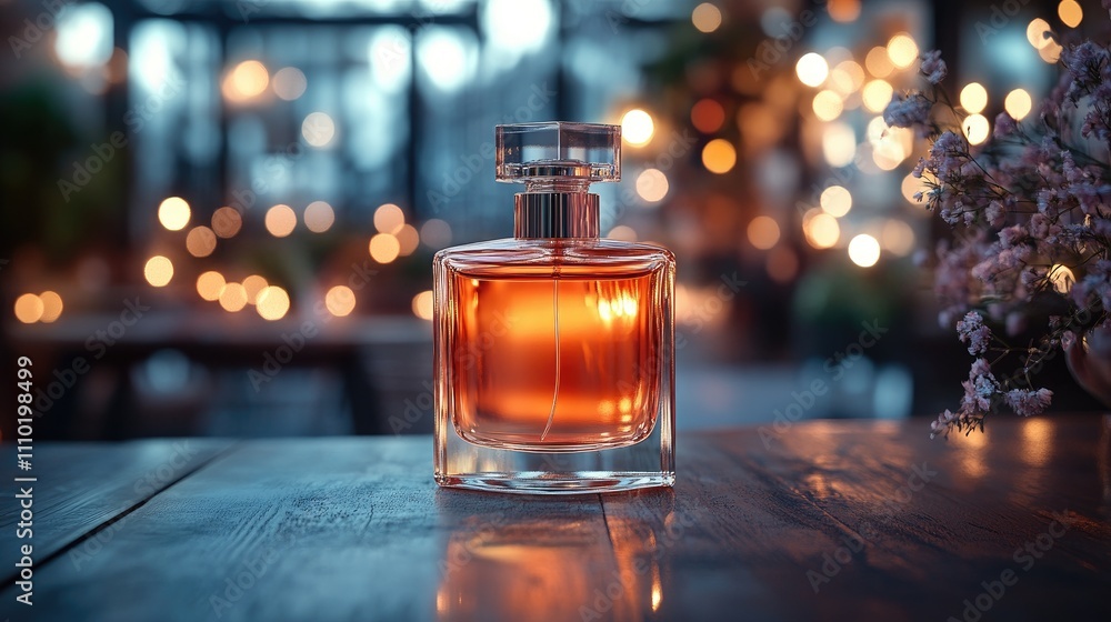 Elegant perfume bottle on wooden table with warm blurred ambiance and soft bokeh lights in background creating a sophisticated atmosphere Elegant perfume bottle on wooden table with warm blurred ambiance and soft bokeh lights in background creating a sophisticated atmosphere