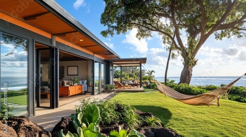 Beachside L-shaped bungalow with large sliding glass doors, a hammock in the yard, and golden sand beyond the patio.
