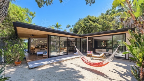 Beachside L-shaped bungalow with large sliding glass doors, a hammock in the yard, and golden sand beyond the patio.