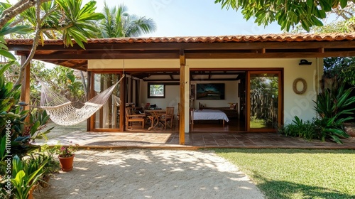 Beachside L-shaped bungalow with large sliding glass doors, a hammock in the yard, and golden sand beyond the patio.