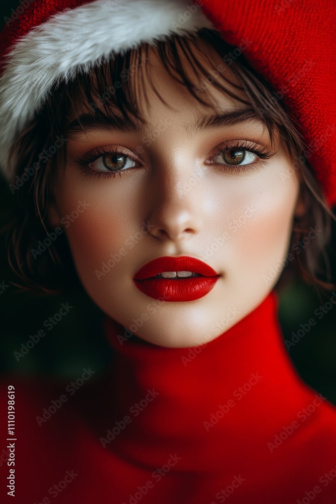 a beautiful young woman wearing a red turtleneck sweater and a red santa hat a beautiful young woman wearing a red turtleneck sweater and a red santa hat