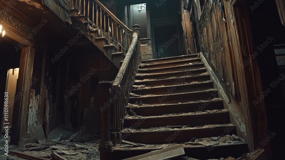 Obraz premium Abandoned interior of a home with a damaged staircase and remnants of renovation illustrating decay and forgotten spaces
