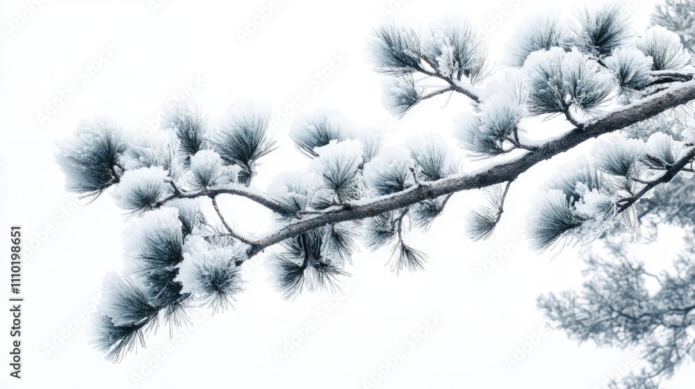 Frost-covered pine branches showcasing winter beauty against a bright white background Frost-covered pine branches showcasing winter beauty against a bright white background
