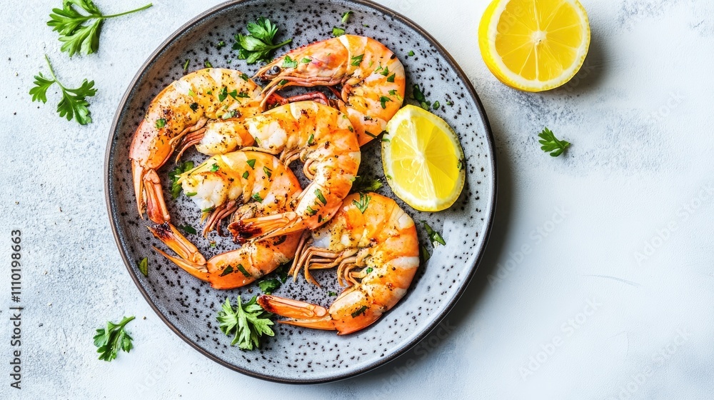 Freshly cooked prawns and shrimp garnished with herbs and lemon served on a stylish plate against a light background Freshly cooked prawns and shrimp garnished with herbs and lemon served on a stylish plate against a light background