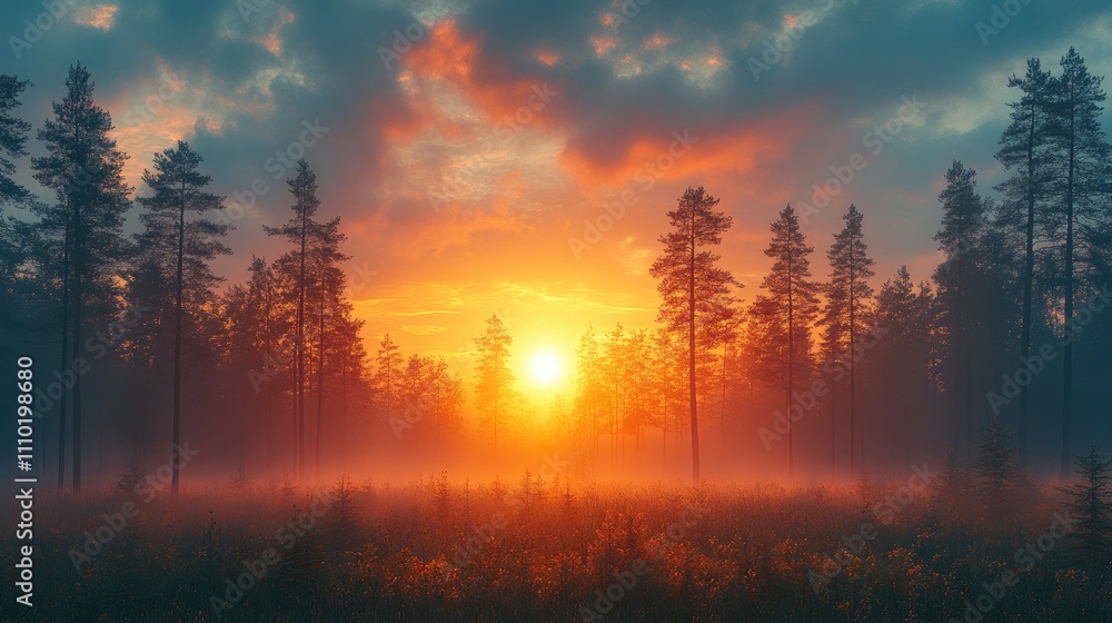 Naklejka premium Serene sunrise over misty forest landscape with tall trees creating a tranquil atmosphere during a morning hike in nature.