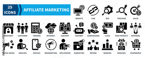 Affiliate Marketing icon collection set. Containing website, link, seo, tracking, sales, customer, internet, content, social media, influencer, commissions icon. Simple black fill vector.