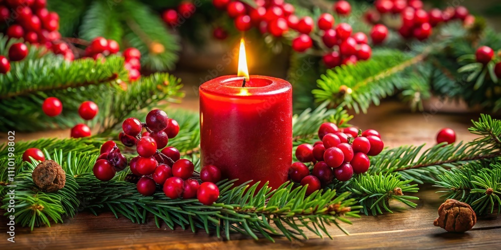 A Red Candle Flickers on a Festive Table Decorated with Evergreen, Berries, and Holiday Accents, Creating a Cozy Atmosphere for Seasonal Celebrations and Gatherings A Red Candle Flickers on a Festive Table Decorated with Evergreen, Berries, and Holiday Accents, Creating a Cozy Atmosphere for Seasonal Celebrations and Gatherings