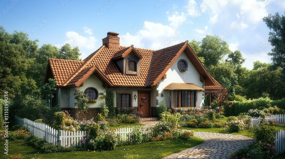 Charming countryside L-shaped home with a tiled roof, flower beds along the front, and a picket fence framing the yard. Charming countryside L-shaped home with a tiled roof, flower beds along the front, and a picket fence framing the yard.