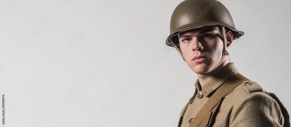 World War I soldier portrait in uniform and helmet posing for a studio shot with a neutral background showcasing historical military attire World War I soldier portrait in uniform and helmet posing for a studio shot with a neutral background showcasing historical military attire