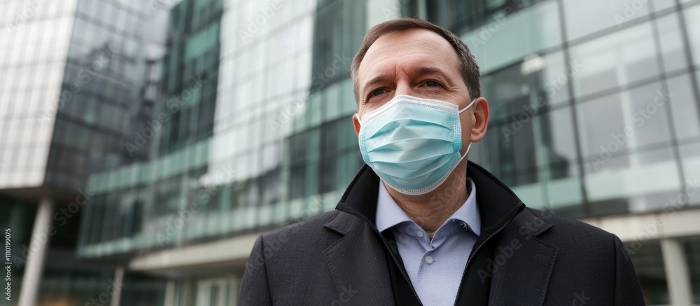 Businessman in formal attire wearing a medical mask outside a modern office building representing health safety in the corporate environment Businessman in formal attire wearing a medical mask outside a modern office building representing health safety in the corporate environment