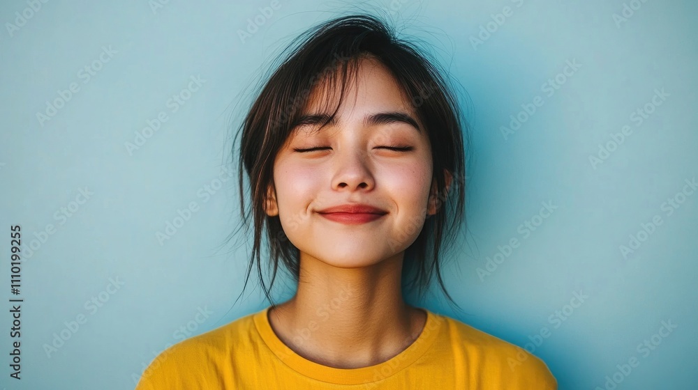 Joyful young woman in yellow shirt smiling with closed eyes against a vibrant blue background capturing happiness and positivity Joyful young woman in yellow shirt smiling with closed eyes against a vibrant blue background capturing happiness and positivity