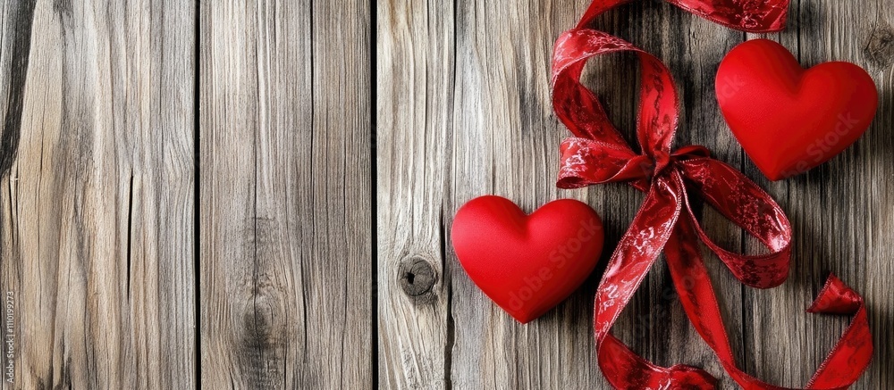 Red hearts adorned with a red ribbon and bow set against a rustic wooden background for romantic themes and celebrations. Red hearts adorned with a red ribbon and bow set against a rustic wooden background for romantic themes and celebrations.