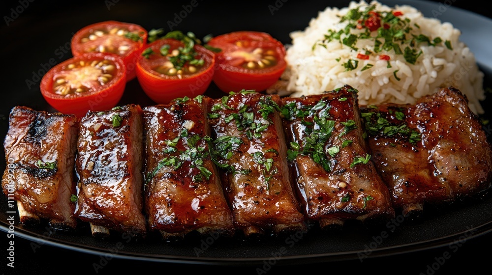 Grilled meat ribs on a black plate with garnished rice and cherry tomatoes against a dark backdrop for gourmet food presentation Grilled meat ribs on a black plate with garnished rice and cherry tomatoes against a dark backdrop for gourmet food presentation
