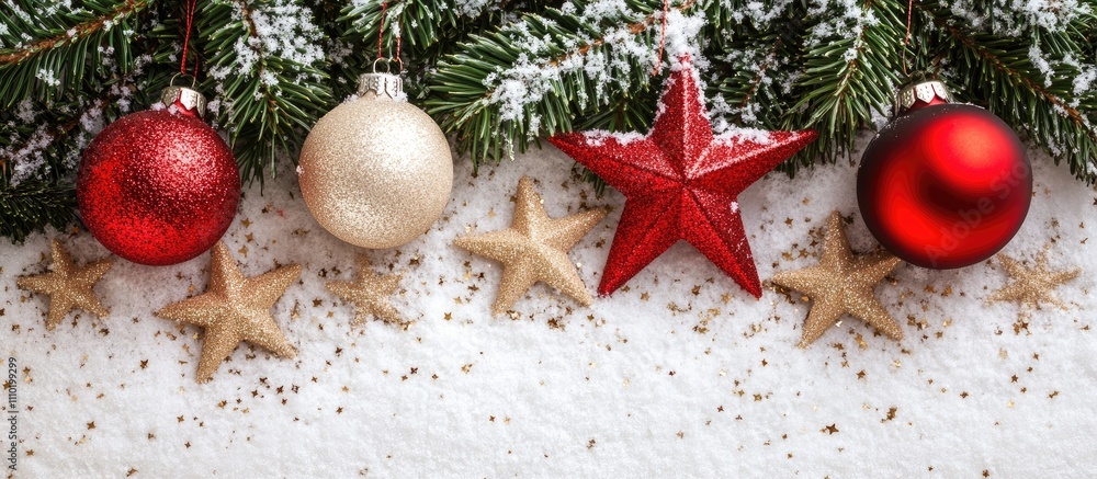 Christmas flat lay with ornaments and snow toy stars on a white surface surrounded by pine branches for festive holiday designs Christmas flat lay with ornaments and snow toy stars on a white surface surrounded by pine branches for festive holiday designs
