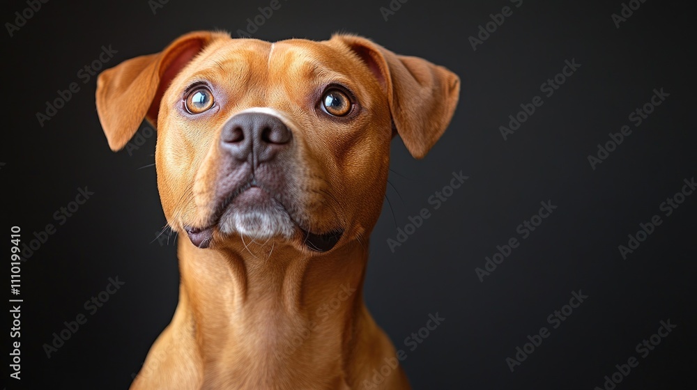 Studio portrait of an adorable purebred Pit Bull Terrier gazing confidently against a dark gray backdrop showcasing its unique features. Studio portrait of an adorable purebred Pit Bull Terrier gazing confidently against a dark gray backdrop showcasing its unique features.
