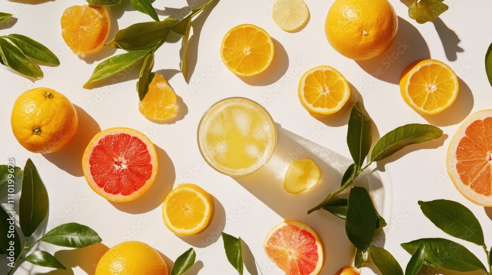 Citrus juice in a glass surrounded by fresh oranges and grapefruits on a white background with vibrant green leaves. Citrus juice in a glass surrounded by fresh oranges and grapefruits on a white background with vibrant green leaves.