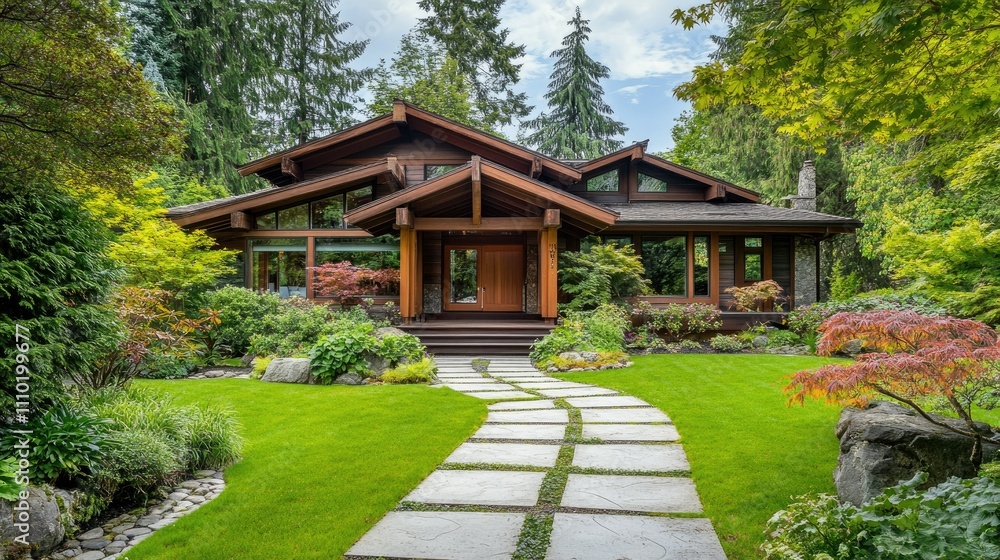 Cozy L-shaped bungalow-style home with wooden accents, nestled among lush greenery and a stone pathway leading to the entrance. Cozy L-shaped bungalow-style home with wooden accents, nestled among lush greenery and a stone pathway leading to the entrance.