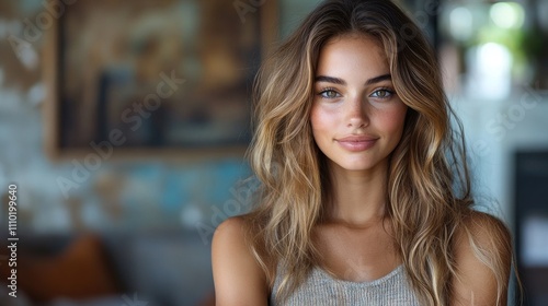 Confident young woman with long hair smiling warmly in a bright and inviting indoor setting Free Download Confident young woman with long hair smiling warmly in a bright and inviting indoor setting - GFXLoad