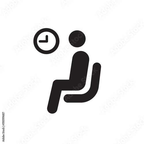 Waiting icon with person sitting on seat and clock above for delay or appointment