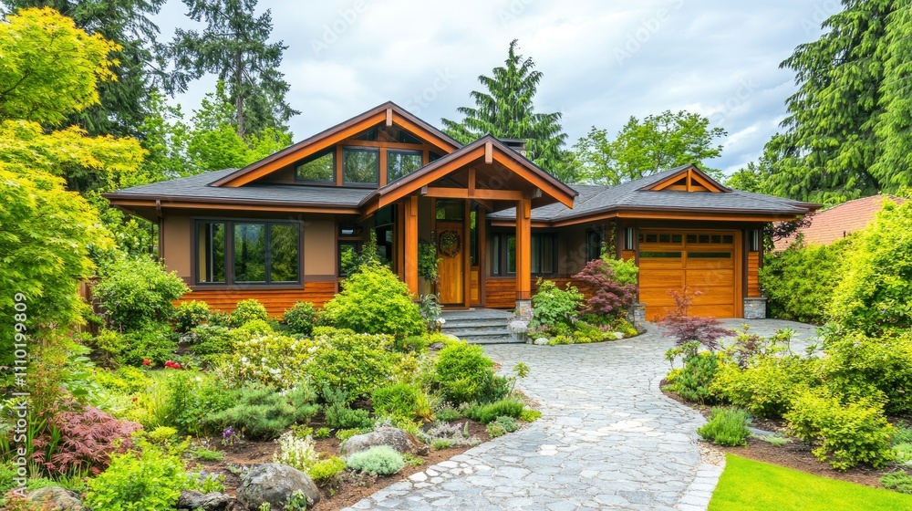 Cozy L-shaped bungalow-style home with wooden accents, nestled among lush greenery and a stone pathway leading to the entrance. Cozy L-shaped bungalow-style home with wooden accents, nestled among lush greenery and a stone pathway leading to the entrance.
