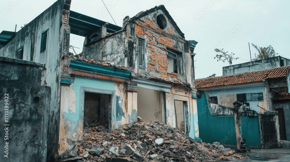 Collapsing abandoned houses with debris at road construction site showcasing urban decay and redevelopment challenges Collapsing abandoned houses with debris at road construction site showcasing urban decay and redevelopment challenges