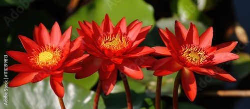 Vibrant red lotus flowers blooming in serene Talay Noi lake surrounded by lush green foliage. photo