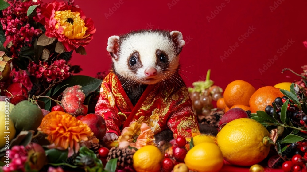 Cute Ferret Dressed in Miniature Mandarin Jacket Surrounded by Fruits Cute Ferret Dressed in Miniature Mandarin Jacket Surrounded by Fruits