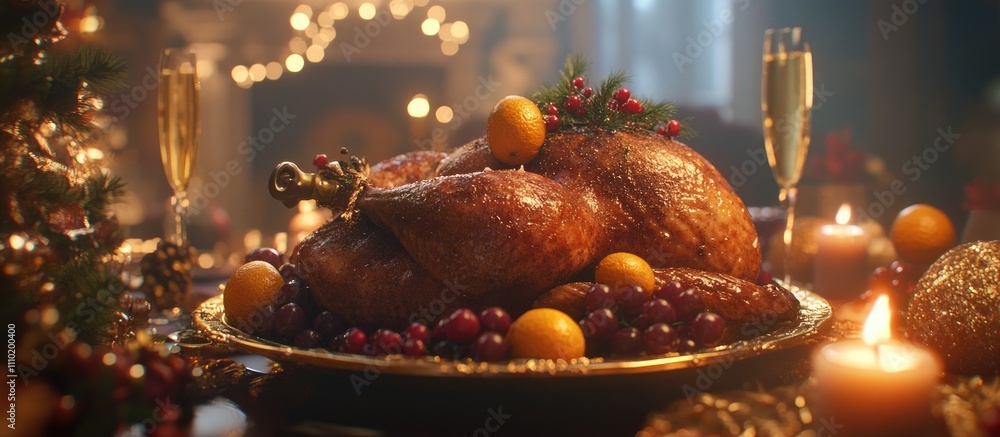 Festive roasted turkey garnished with grapes and oranges on a beautifully decorated holiday table with candles and champagne glasses