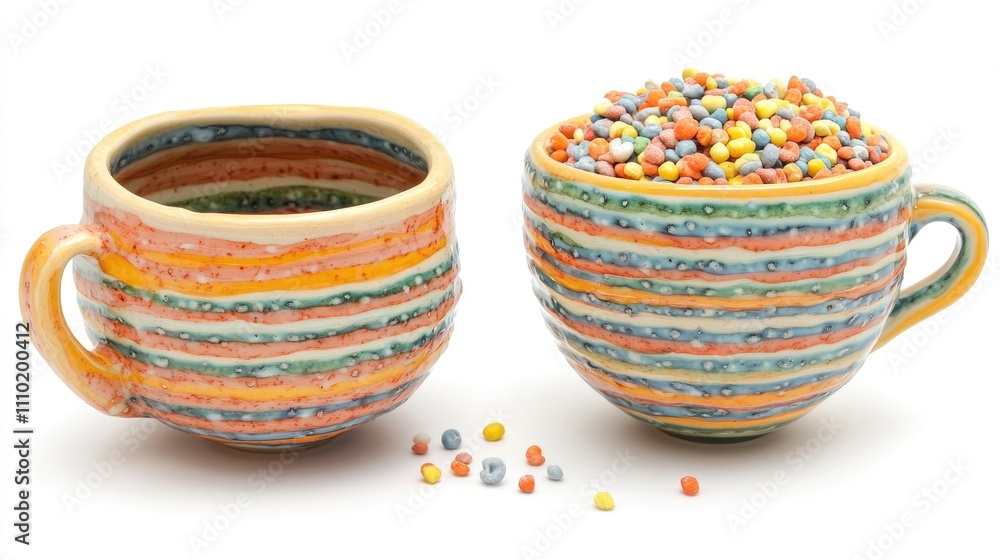 Colorful ceramic cup and bowl filled with vibrant cereals on a white background showcasing modern design and playful patterns. Colorful ceramic cup and bowl filled with vibrant cereals on a white background showcasing modern design and playful patterns.
