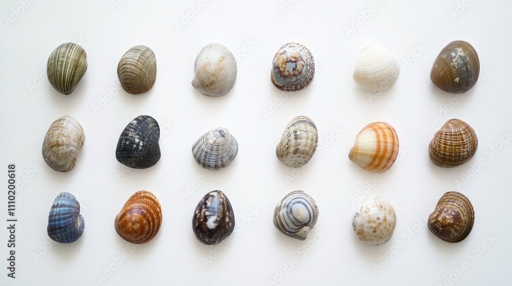Diverse collection of seashells arranged in a minimalist layout highlighting beach vacation themes and natural textures on a white background Diverse collection of seashells arranged in a minimalist layout highlighting beach vacation themes and natural textures on a white background