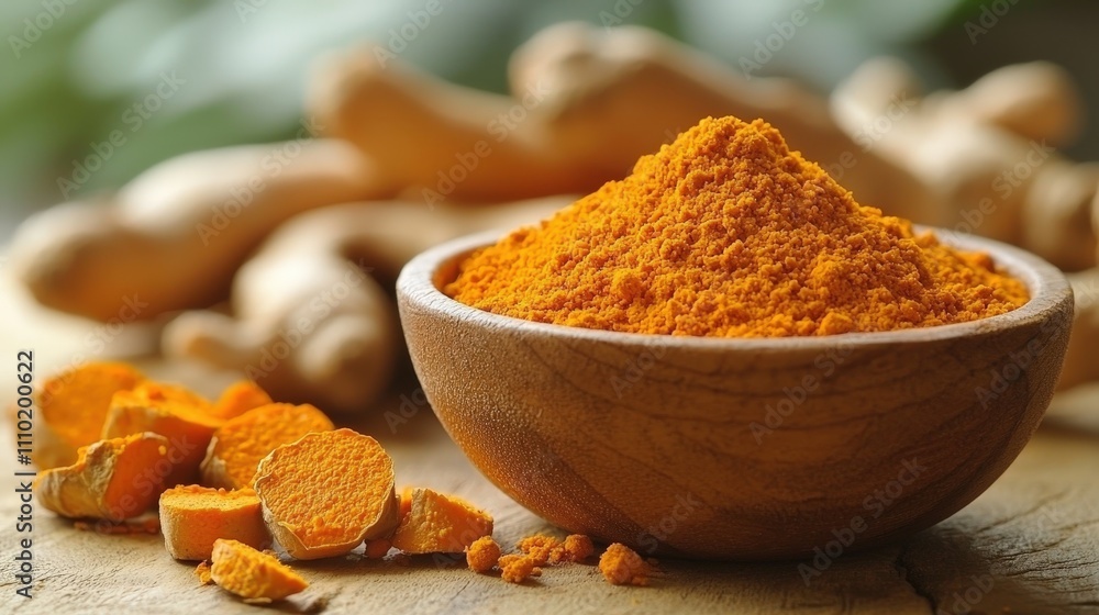 Vibrant turmeric powder in wooden bowl with fresh roots on rustic table Vibrant turmeric powder in wooden bowl with fresh roots on rustic table