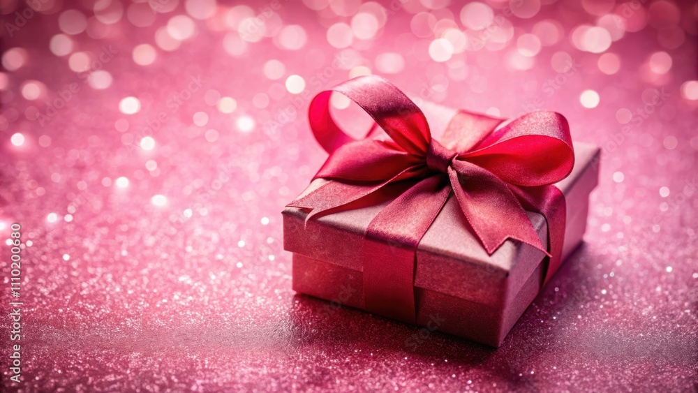 A single gift box with a crimson satin ribbon resting on a pink glitter backdrop, a celebration of festivity and giving. A single gift box with a crimson satin ribbon resting on a pink glitter backdrop, a celebration of festivity and giving.