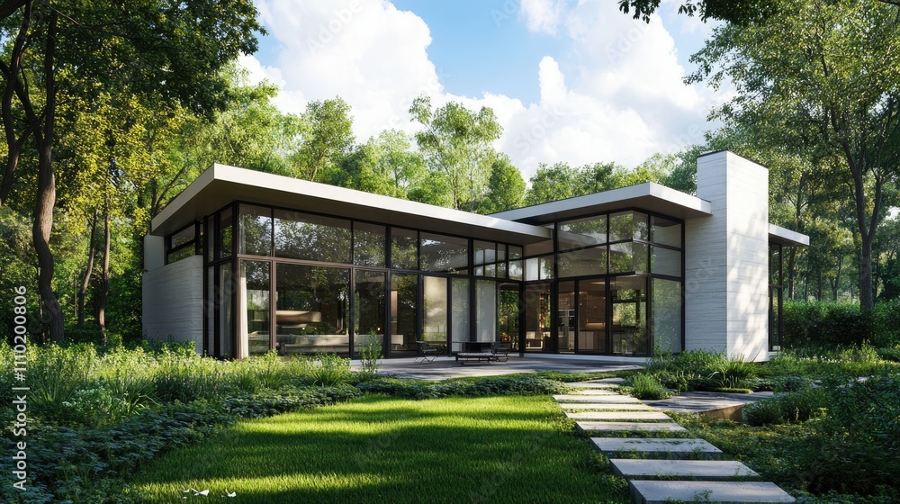 Exterior of an L-shaped house with a white-gray facade, long windows reflecting the sky, and minimalist green landscaping Exterior of an L-shaped house with a white-gray facade, long windows reflecting the sky, and minimalist green landscaping
