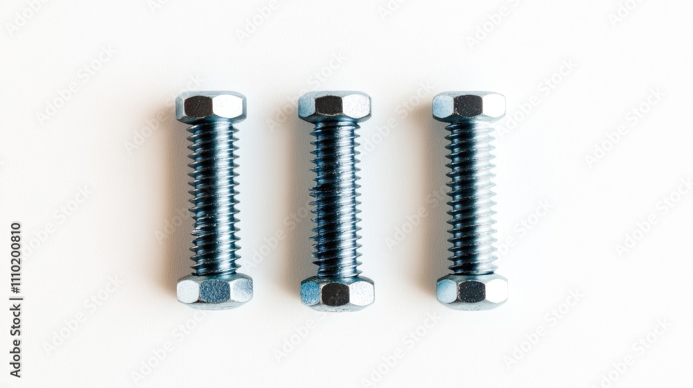 Close-up of three metal bolts arranged in a row on a clean white background showcasing industrial hardware and tools Close-up of three metal bolts arranged in a row on a clean white background showcasing industrial hardware and tools