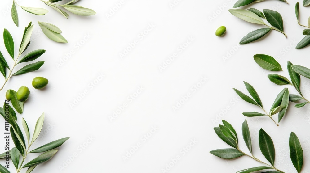 Olive branches with small green olives on a clean white background creating a fresh and natural frame for various designs and concepts. Olive branches with small green olives on a clean white background creating a fresh and natural frame for various designs and concepts.