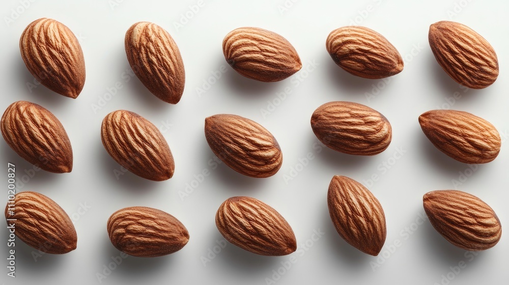 Raw almonds arranged on a clean white background for healthy food and nutrition concepts. Raw almonds arranged on a clean white background for healthy food and nutrition concepts.