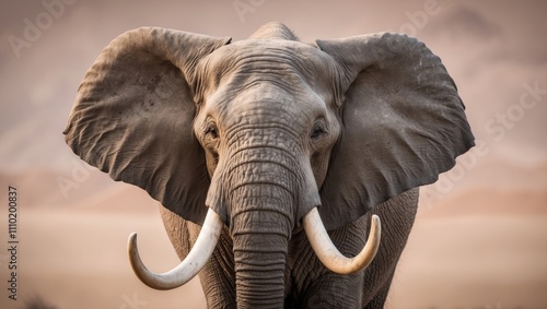 Curved tusked bull elephant facing camera.